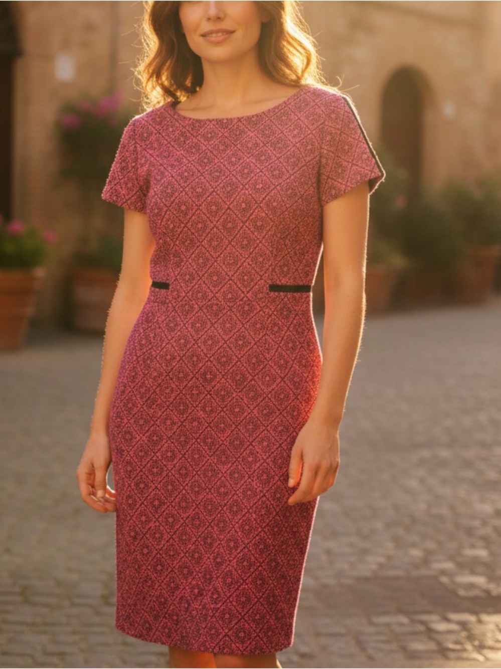 Vintage ANTONIO MELANI Pink Patterned Midi Sheath Dress